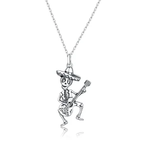 (изображение за) Сребърна Колиета в стил Пандора с висулки Китара череп човек - B