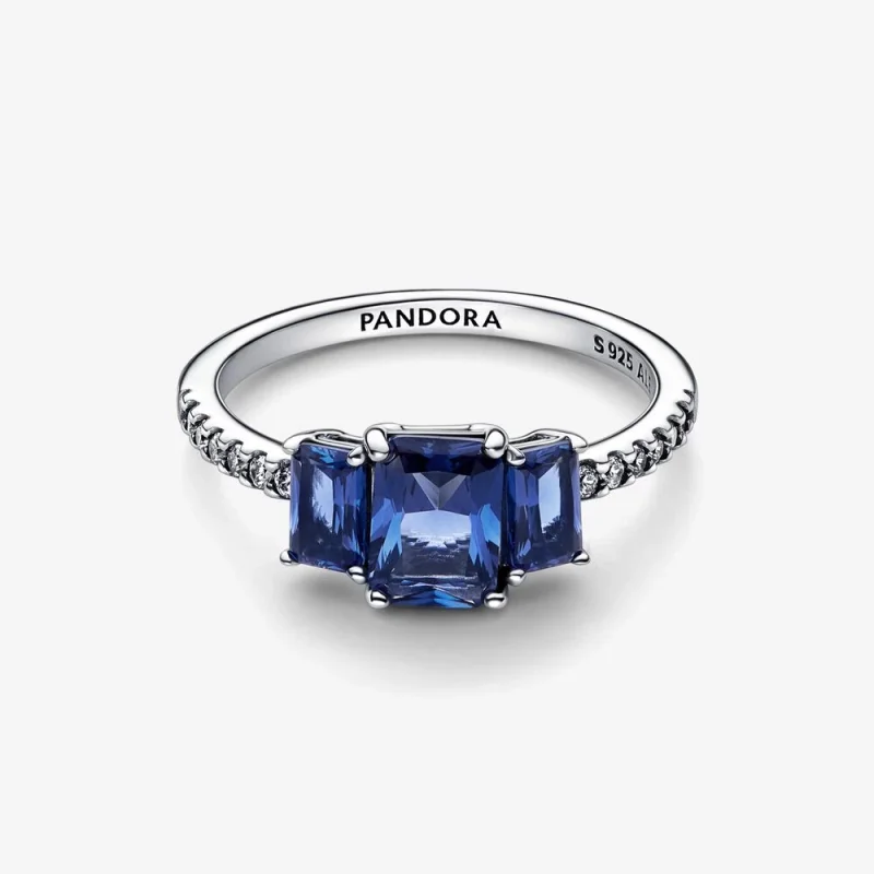 (изображение за) Син правоъгълен искрящ пръстен с три камъка Pandora - 192389C01 - Преглед 6