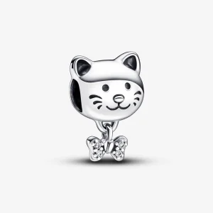 Талисман за домашни любимци Pandora Cat & Bow Charm - 792255C01 (изображение за) Талисман за домашни любимци Pandora Cat & Bow Charm - 792255C01