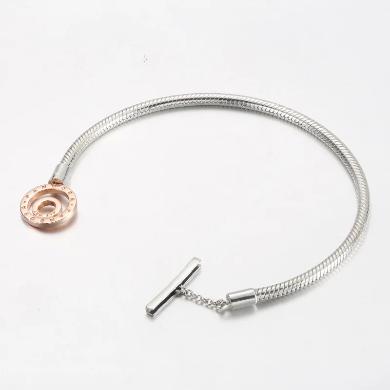(изображение за) Гривна Pandora Moments с двуцветно лого T-Bar Snake Chain - 582309C00 - Преглед 3