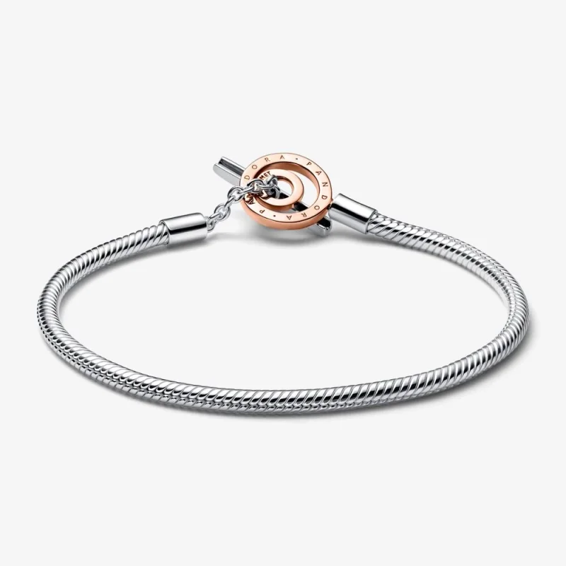 (изображение за) Гривна Pandora Moments с двуцветно лого T-Bar Snake Chain - 582309C00 - Преглед 6