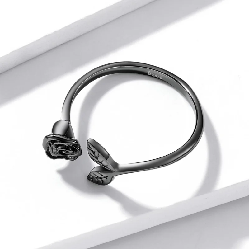 (изображение за) Отворен пръстен с черна роза в стил PANDORA - BSR239 - Преглед 4