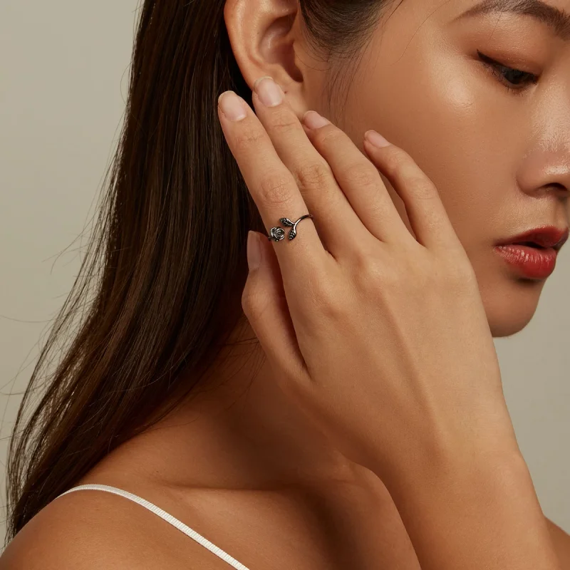 (изображение за) Отворен пръстен с черна роза в стил PANDORA - BSR239 - Преглед 8