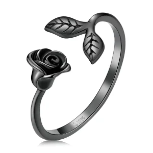 (изображение за) Отворен пръстен с черна роза в стил PANDORA - BSR239