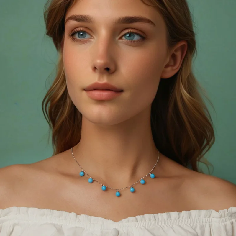 (изображение за) PANDORA Style Синьо тюркоазено колие за ключицата - BSN405 - Преглед 8