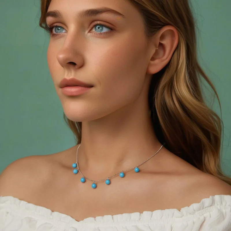 (изображение за) PANDORA Style Синьо тюркоазено колие за ключицата - BSN405 - Преглед 9