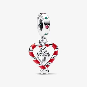 (изображение за) Коледен висящ талисман Pandora Double Candy Cane Heart - 792822C01