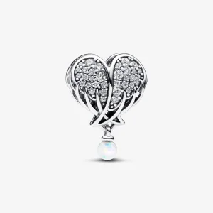 Pandora Sparkling Angel Wings & Heart Charm - 792980C01 (изображение за) Pandora Sparkling Angel Wings & Heart Charm - 792980C01