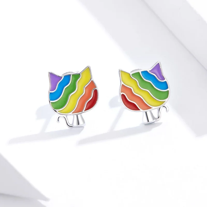 (изображение за) Сребърна Обици на винт в стил Пандора Rainbow Kitty - SCE823 - Преглед 2