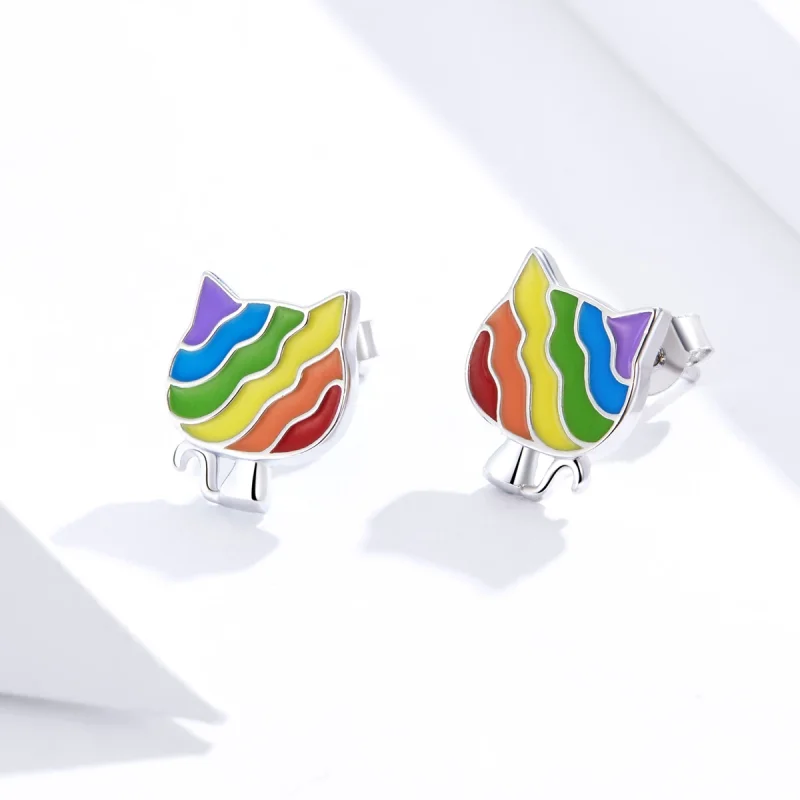 (изображение за) Сребърна Обици на винт в стил Пандора Rainbow Kitty - SCE823 - Преглед 3