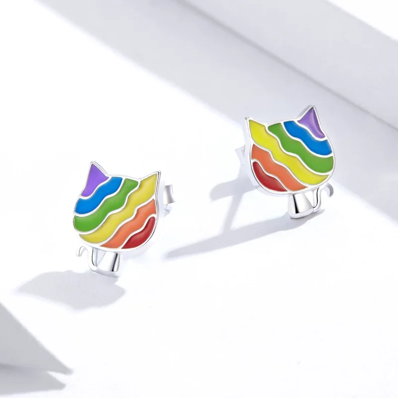 (изображение за) Сребърна Обици на винт в стил Пандора Rainbow Kitty - SCE823 - Преглед 4