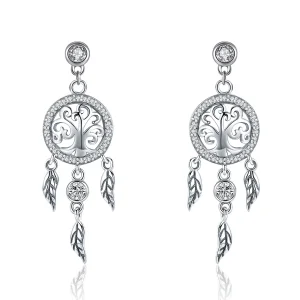 (изображение за) Сребърна Висящи обици в стил Пандора Дърво на живота и ловец на 