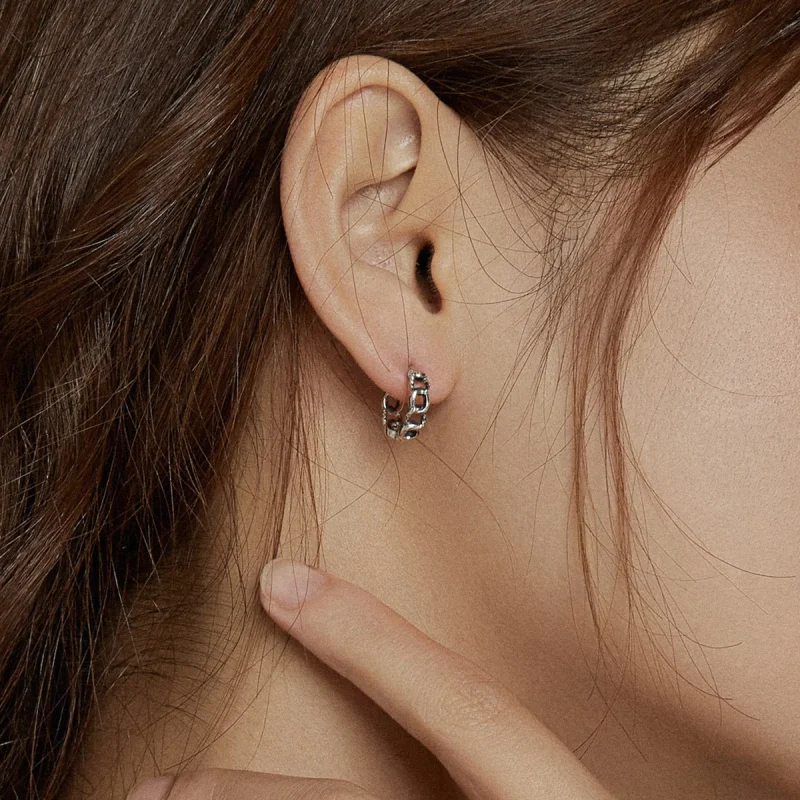 (изображение за) Сребърна Обици тип халка в стил Пандора Обикновена верига - SCE9 - Преглед 7