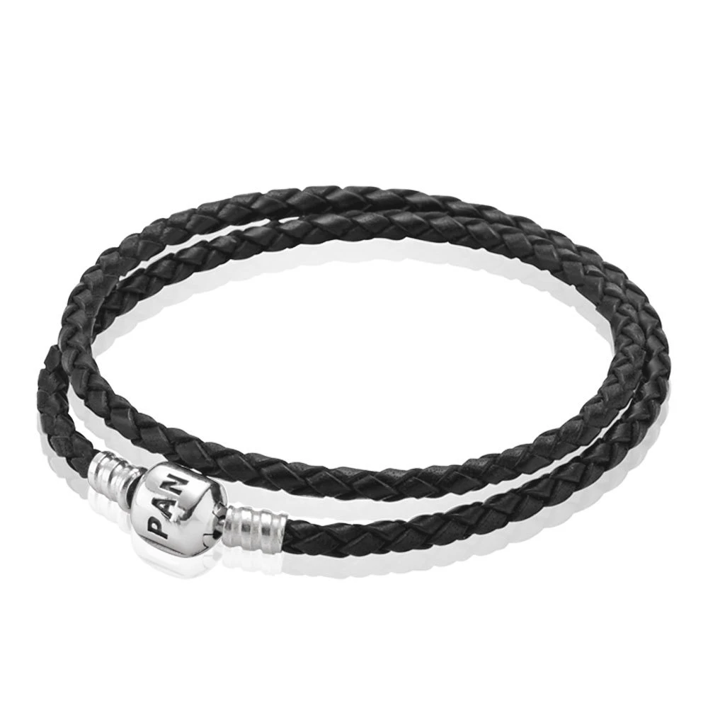 pandora черно кожена гривна двойна